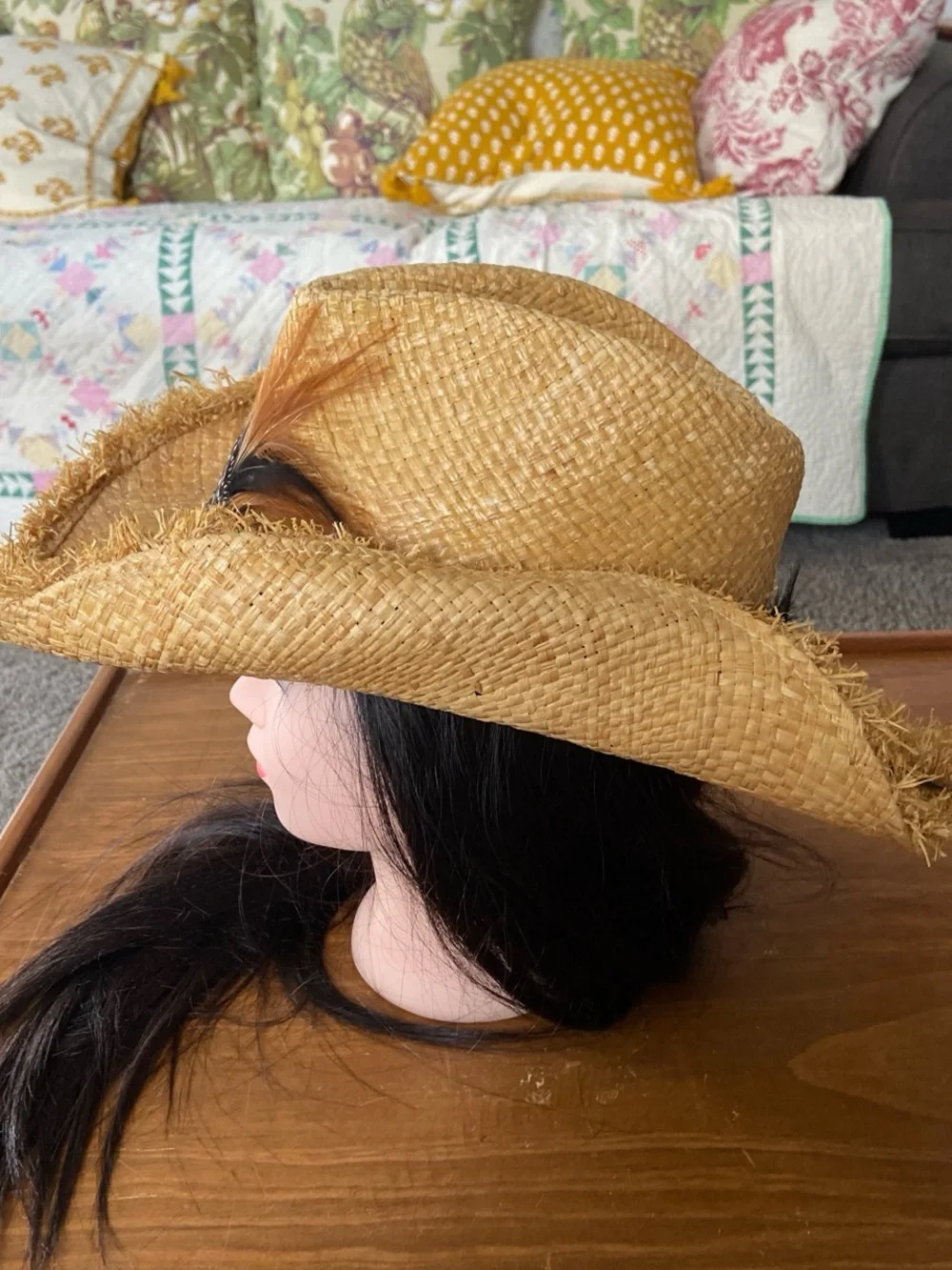 J Hats NWT Straw Cowgirl Hat with Brown & Black Feather Accent